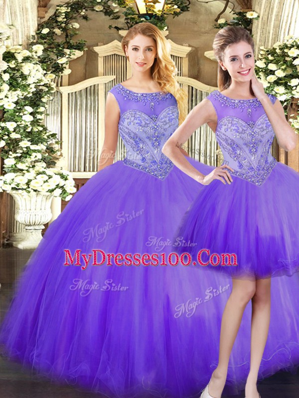 Unique Scoop Sleeveless Zipper 15th Birthday Dress Eggplant Purple Tulle