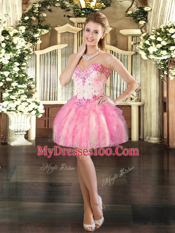 Pink Ball Gowns Tulle Sweetheart Sleeveless Beading and Ruffles Mini Length Lace Up Homecoming Dress