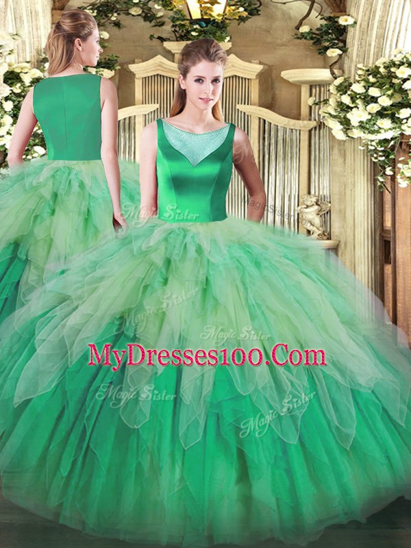 Most Popular Multi-color Organza Backless Quince Ball Gowns Sleeveless Floor Length Beading and Ruffles