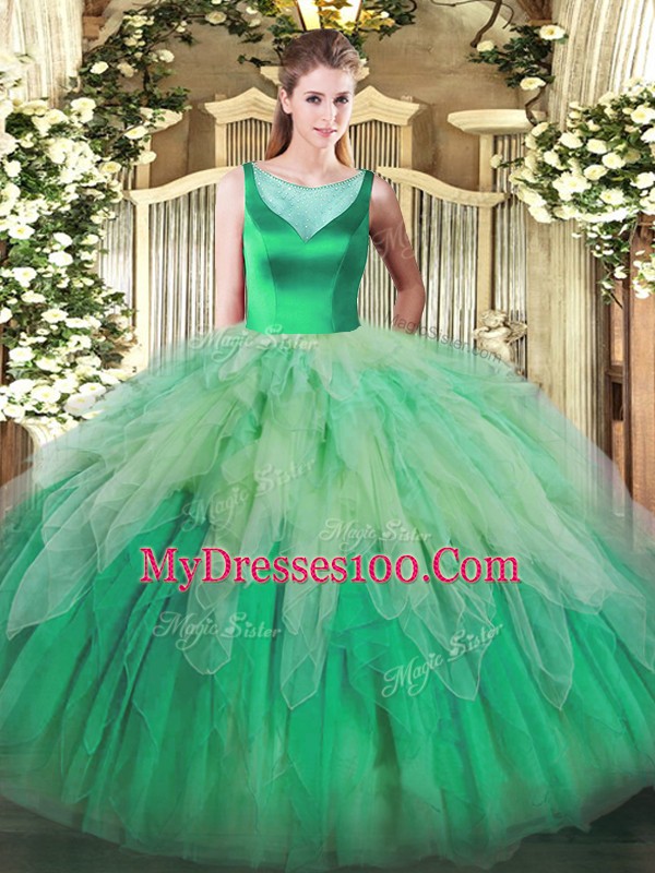 Most Popular Multi-color Organza Backless Quince Ball Gowns Sleeveless Floor Length Beading and Ruffles