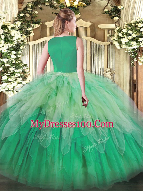 Most Popular Multi-color Organza Backless Quince Ball Gowns Sleeveless Floor Length Beading and Ruffles