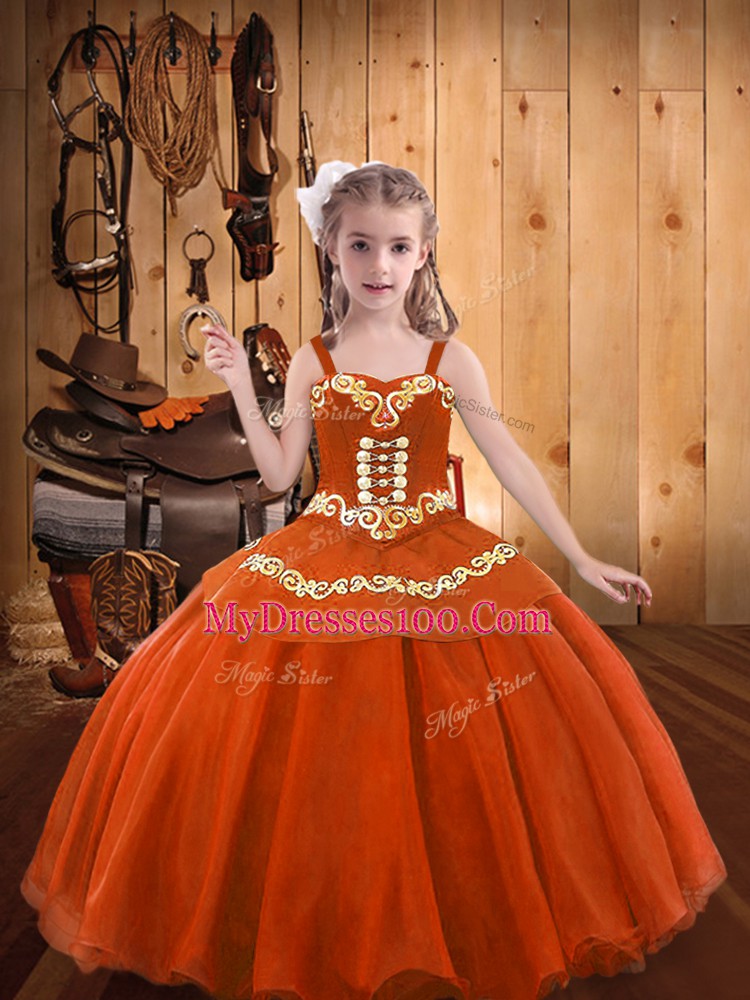 New Style Floor Length Lace Up Child Pageant Dress Orange Red for Sweet 16 and Quinceanera with Embroidery and Ruffles