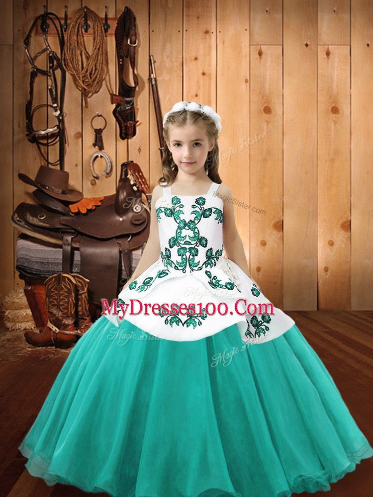 Inexpensive Sleeveless Organza Floor Length Lace Up Kids Formal Wear in Aqua Blue with Embroidery