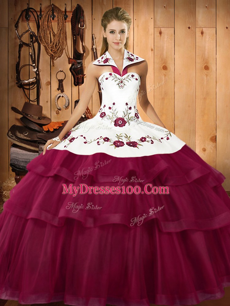 Halter Top Sleeveless Sweep Train Lace Up Quinceanera Dress Fuchsia Organza