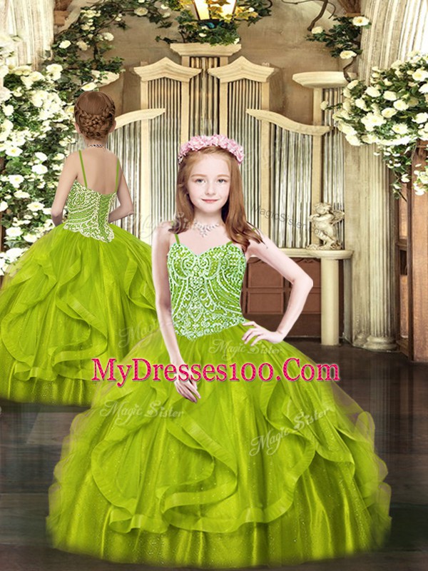 Best Olive Green Ball Gowns Sweetheart Sleeveless Organza Floor Length Lace Up Beading and Ruffles 15th Birthday Dress