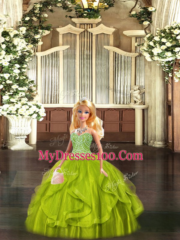 Best Olive Green Ball Gowns Sweetheart Sleeveless Organza Floor Length Lace Up Beading and Ruffles 15th Birthday Dress