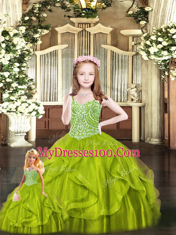 Best Olive Green Ball Gowns Sweetheart Sleeveless Organza Floor Length Lace Up Beading and Ruffles 15th Birthday Dress