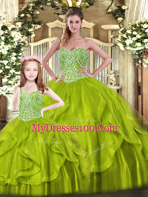 Best Olive Green Ball Gowns Sweetheart Sleeveless Organza Floor Length Lace Up Beading and Ruffles 15th Birthday Dress