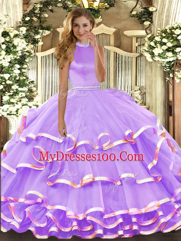 Organza Sleeveless Floor Length Sweet 16 Dresses and Beading and Ruffled Layers