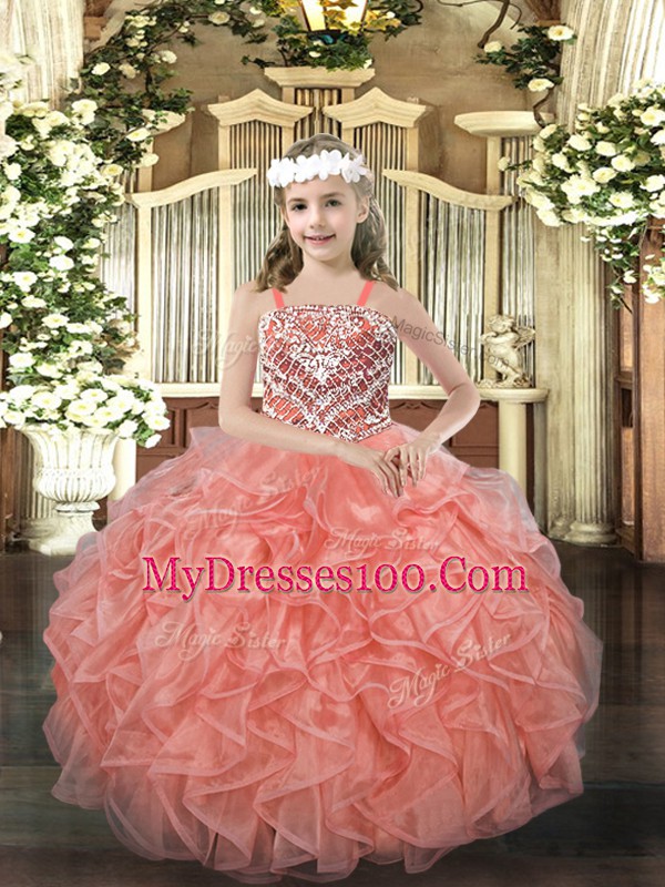 Orange Red Ball Gowns Beading and Ruffles Girls Pageant Dresses Lace Up Organza Sleeveless Floor Length