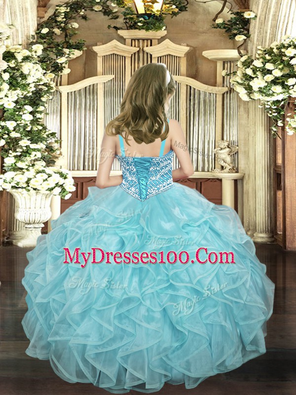 Orange Red Ball Gowns Beading and Ruffles Girls Pageant Dresses Lace Up Organza Sleeveless Floor Length