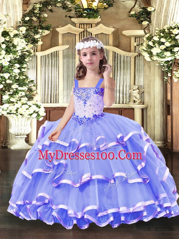 Latest Lavender Organza Lace Up Little Girl Pageant Gowns Sleeveless Floor Length Beading and Ruffled Layers