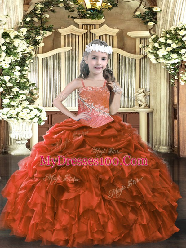 Rust Red Sleeveless Floor Length Appliques and Ruffles Lace Up Little Girls Pageant Dress