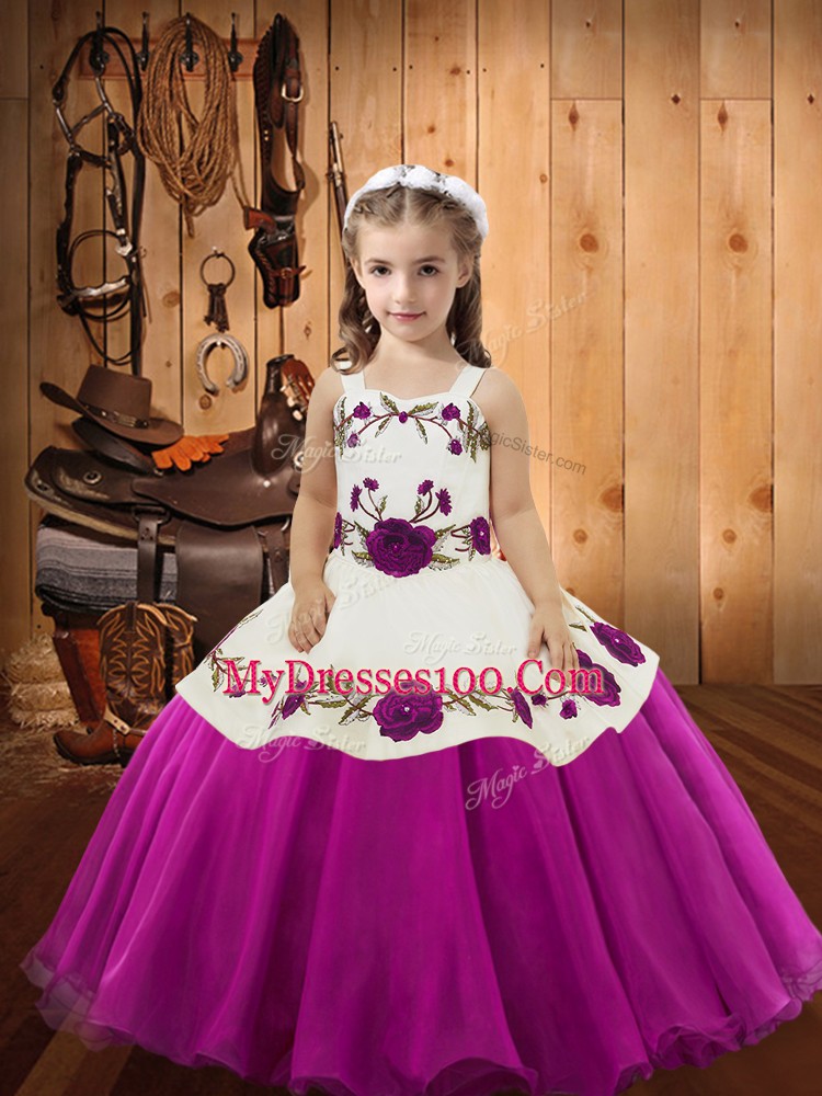 Fuchsia Organza Zipper Glitz Pageant Dress Sleeveless Floor Length Embroidery
