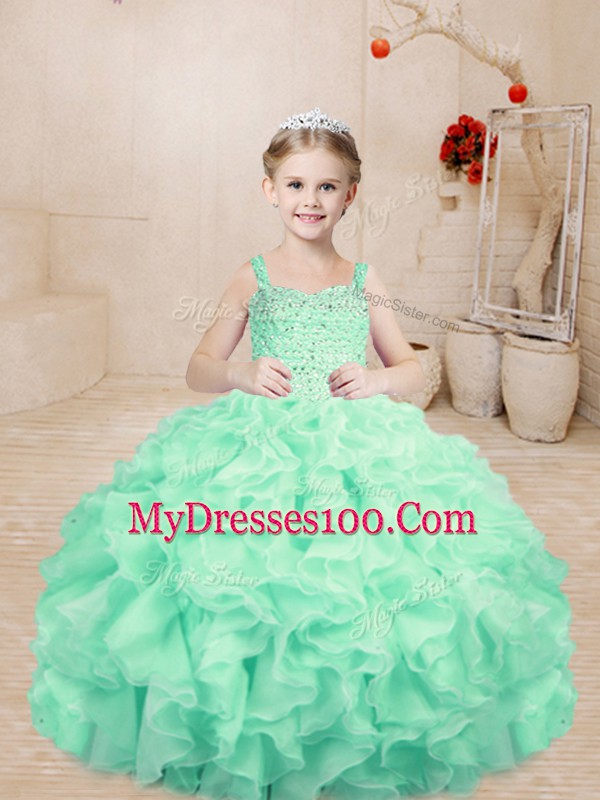 Sleeveless Lace Up Floor Length Beading and Ruffles Little Girls Pageant Dress