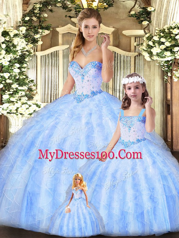Lavender Ball Gowns Organza Sweetheart Sleeveless Beading and Ruffles Floor Length Lace Up Quinceanera Gowns