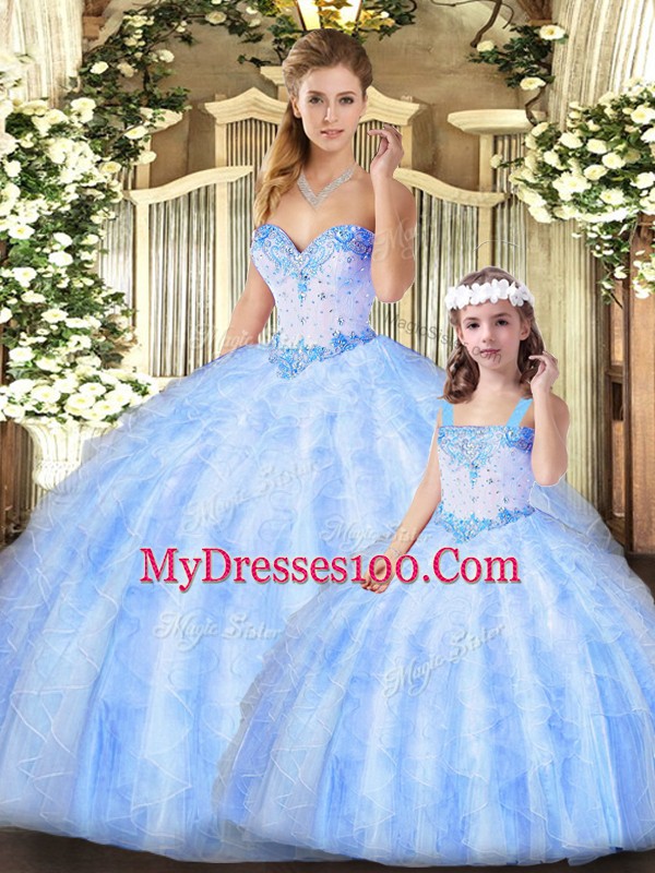 Lavender Ball Gowns Organza Sweetheart Sleeveless Beading and Ruffles Floor Length Lace Up Quinceanera Gowns
