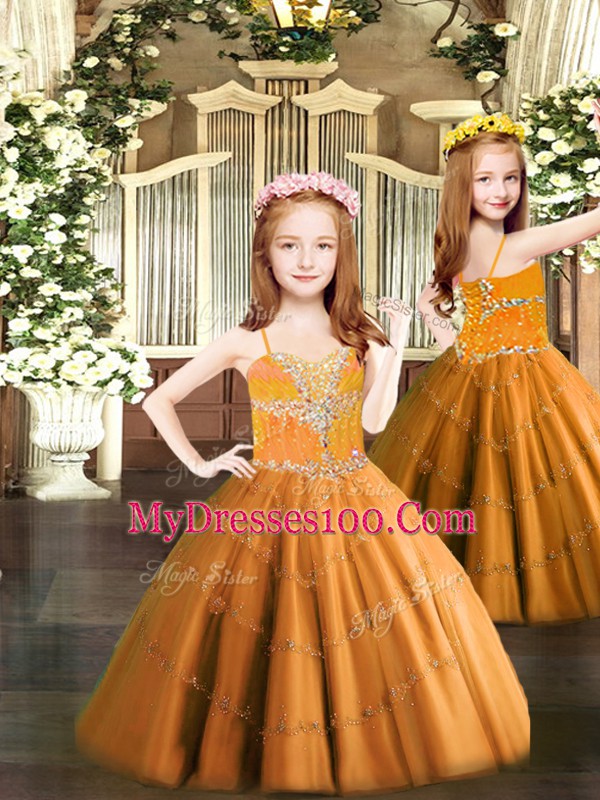 Luxurious Orange Tulle Lace Up Spaghetti Straps Sleeveless Floor Length Child Pageant Dress Beading