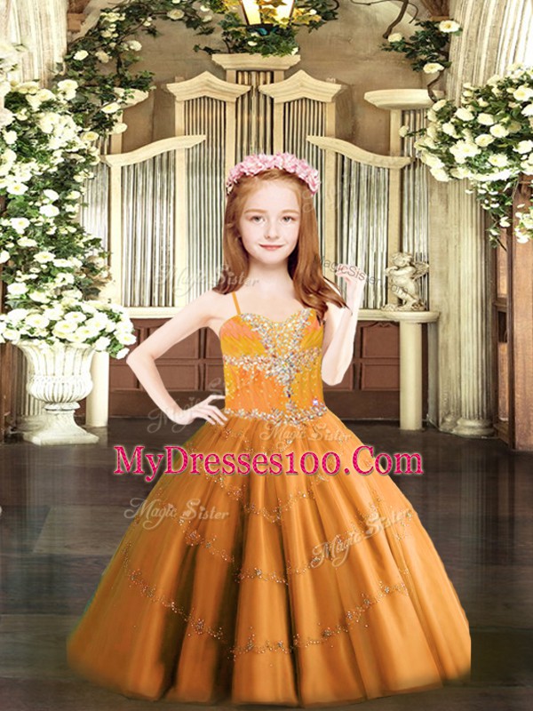 Luxurious Orange Tulle Lace Up Spaghetti Straps Sleeveless Floor Length Child Pageant Dress Beading