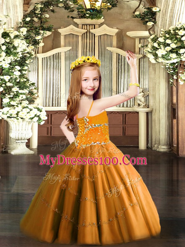 Luxurious Orange Tulle Lace Up Spaghetti Straps Sleeveless Floor Length Child Pageant Dress Beading