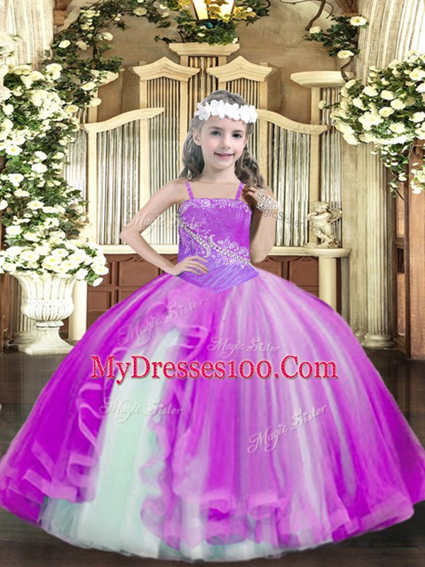Fuchsia Ball Gowns Beading Little Girls Pageant Dress Wholesale Lace Up Tulle Sleeveless Floor Length
