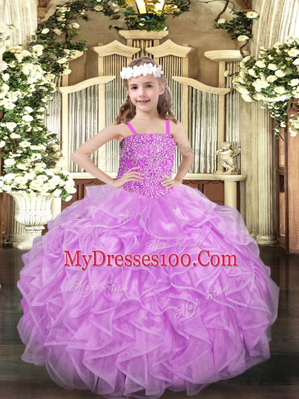 Lilac Ball Gowns Beading and Ruffles Little Girl Pageant Gowns Lace Up Organza Sleeveless Floor Length