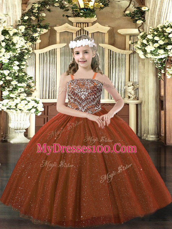 Rust Red Sleeveless Tulle Lace Up Child Pageant Dress for Party and Quinceanera