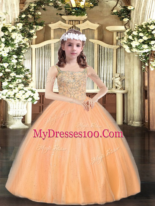 Stunning Tulle Sleeveless Floor Length Little Girls Pageant Dress Wholesale and Beading