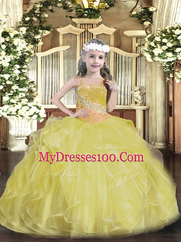 Gold Little Girls Pageant Gowns Party and Sweet 16 and Quinceanera and Wedding Party with Beading and Ruffles Straps Sleeveless Lace Up