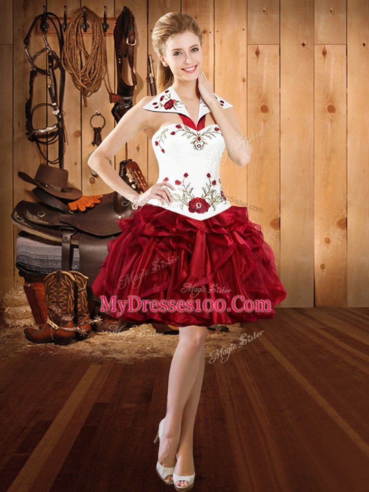 Burgundy Ball Gowns Organza Halter Top Sleeveless Embroidery and Ruffles Mini Length Lace Up Prom Dress