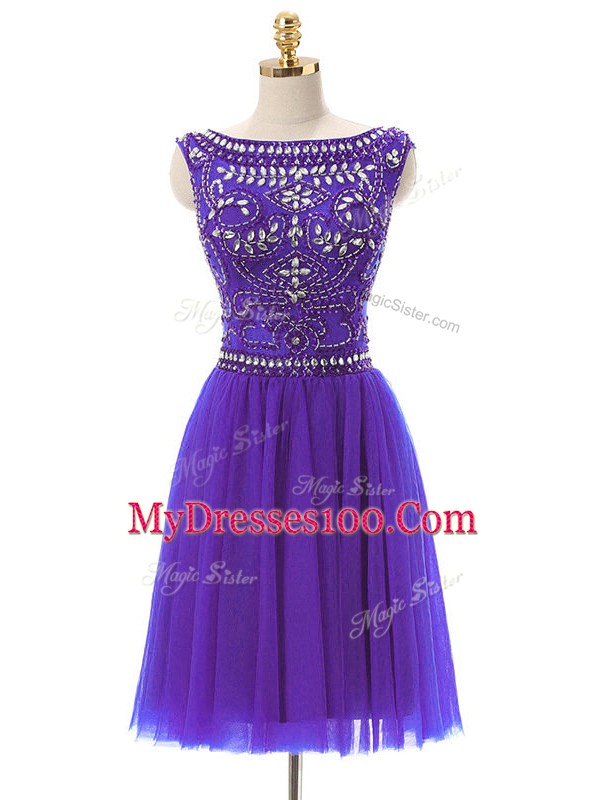 Purple Sleeveless Beading Mini Length Prom Gown