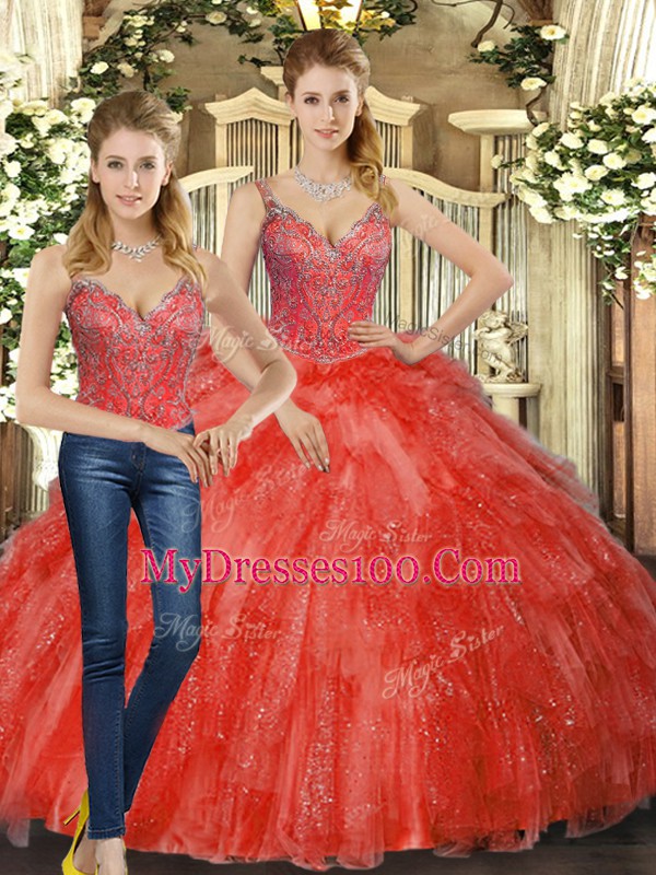 Chic Red Lace Up 15 Quinceanera Dress Beading and Ruffles Sleeveless Floor Length
