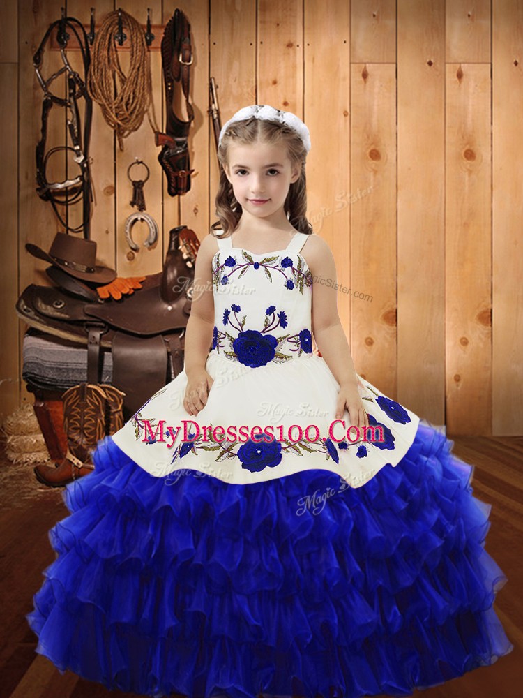 Floor Length Royal Blue Little Girls Pageant Gowns Straps Sleeveless Lace Up
