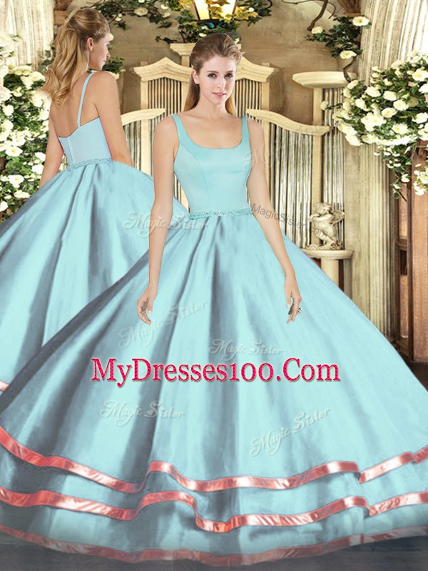 Suitable Straps Sleeveless Quinceanera Gown Floor Length Ruffled Layers Light Blue Tulle