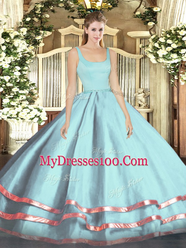 Suitable Straps Sleeveless Quinceanera Gown Floor Length Ruffled Layers Light Blue Tulle