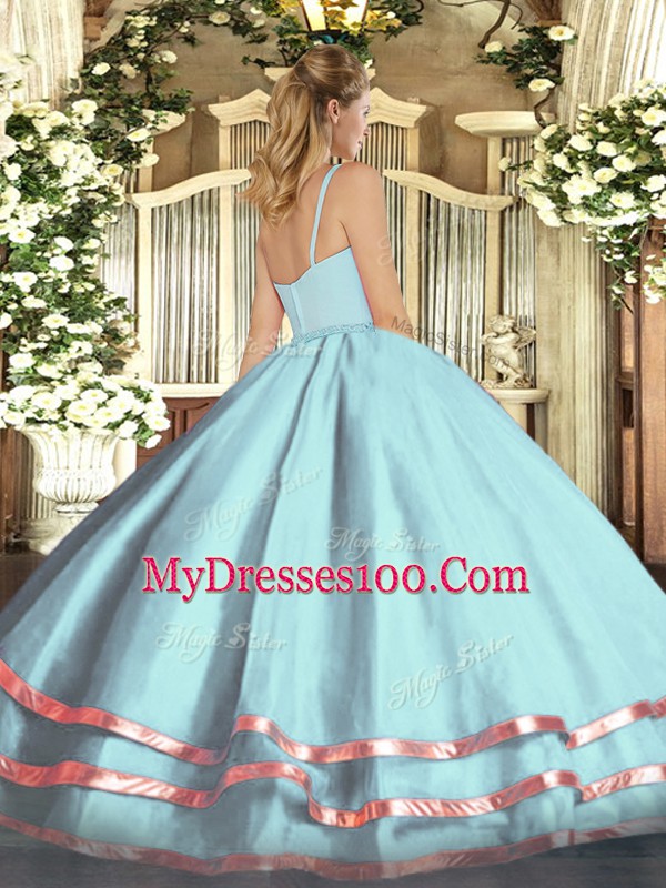 Suitable Straps Sleeveless Quinceanera Gown Floor Length Ruffled Layers Light Blue Tulle