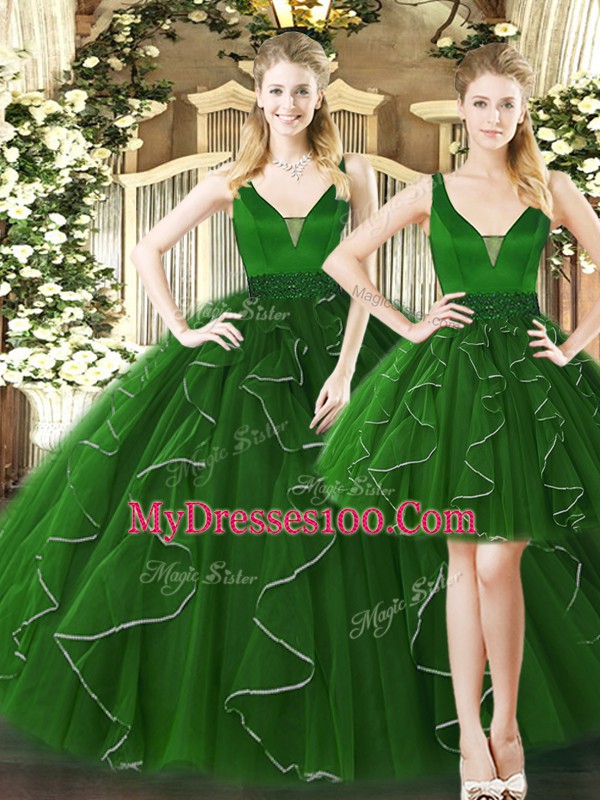 Ball Gowns Quince Ball Gowns Dark Green Straps Tulle Sleeveless Floor Length Lace Up