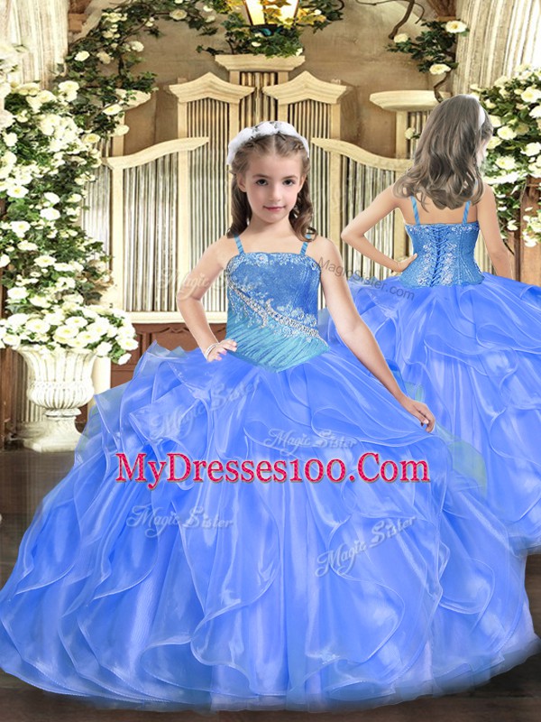 Ball Gowns Little Girls Pageant Dress Wholesale Blue Straps Organza and Sequined Sleeveless Floor Length Lace Up
