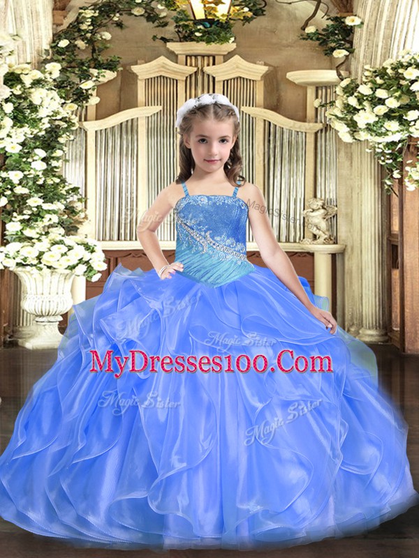 Ball Gowns Little Girls Pageant Dress Wholesale Blue Straps Organza and Sequined Sleeveless Floor Length Lace Up
