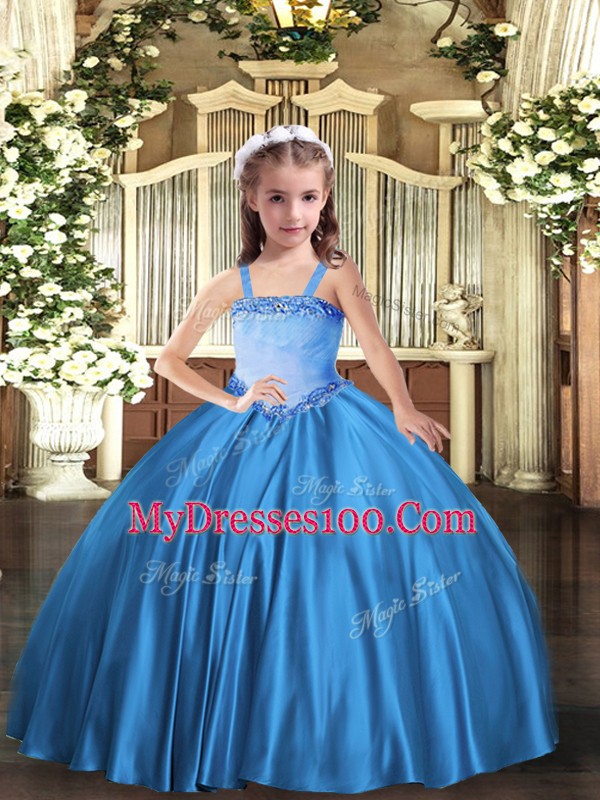 Fantastic Baby Blue Ball Gowns Straps Sleeveless Satin Floor Length Lace Up Appliques Little Girls Pageant Gowns
