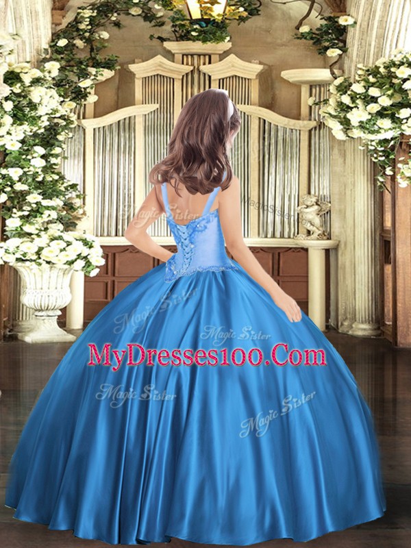 Fantastic Baby Blue Ball Gowns Straps Sleeveless Satin Floor Length Lace Up Appliques Little Girls Pageant Gowns