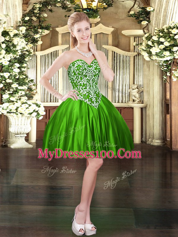 Green Ball Gowns Satin Sweetheart Sleeveless Beading Mini Length Lace Up Evening Dress