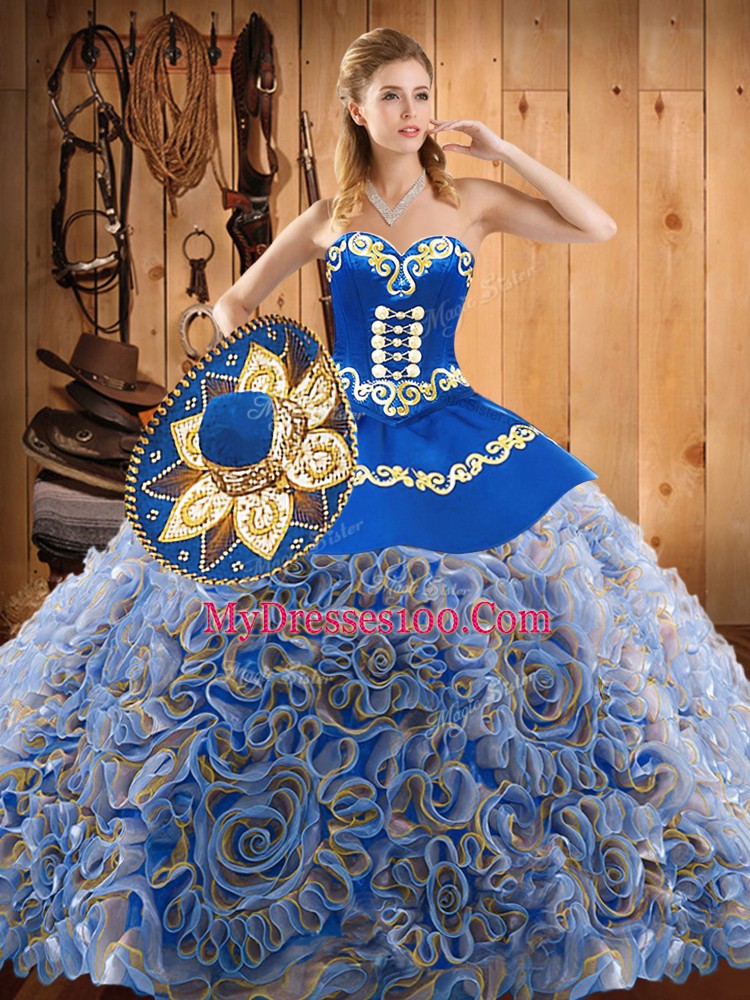 Chic Multi-color Sleeveless Satin and Fabric With Rolling Flowers Sweep Train Lace Up Sweet 16 Quinceanera Dress for Military Ball and Sweet 16 and Quinceanera