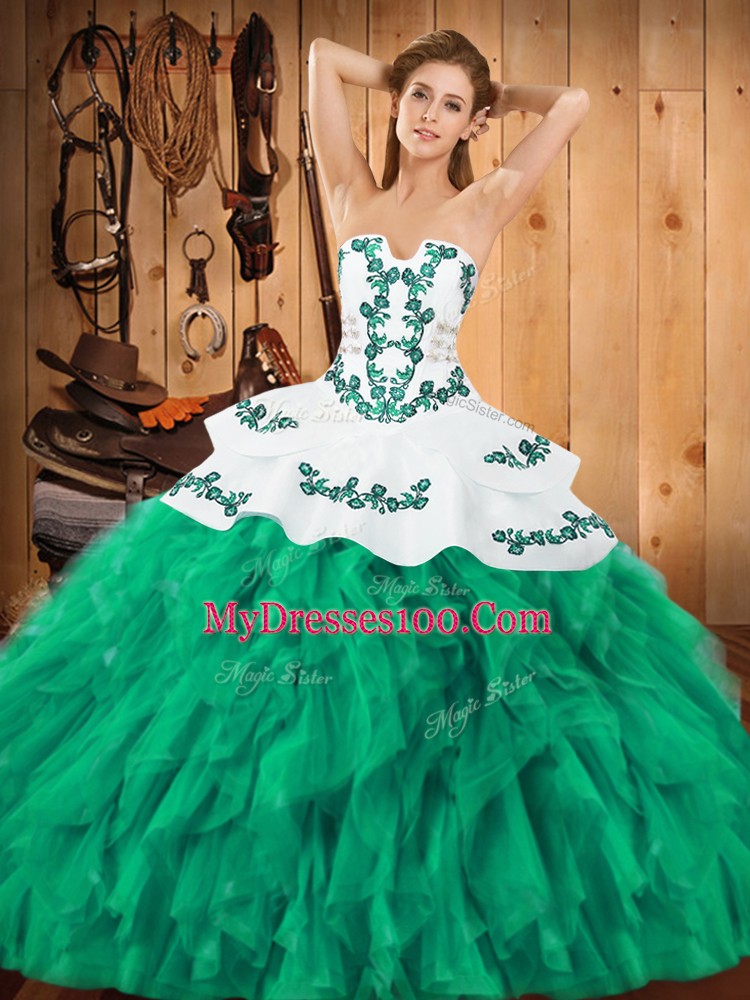Popular Strapless Sleeveless Satin and Organza 15 Quinceanera Dress Embroidery and Ruffles Lace Up