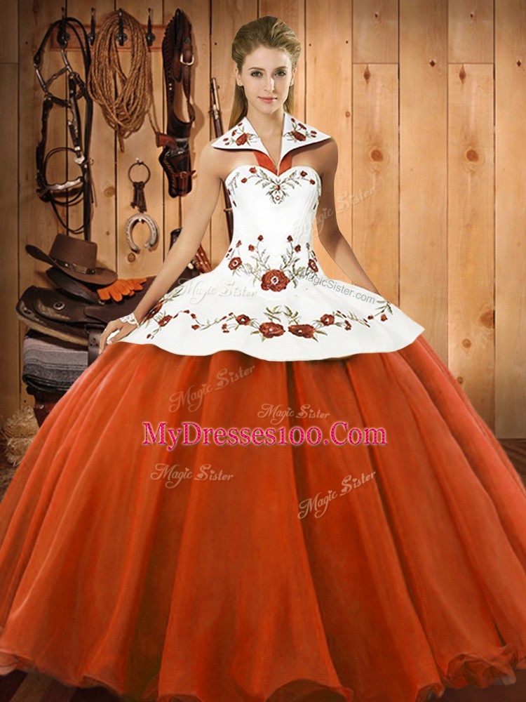 Custom Design Floor Length Orange Red 15 Quinceanera Dress Satin and Tulle Sleeveless Embroidery