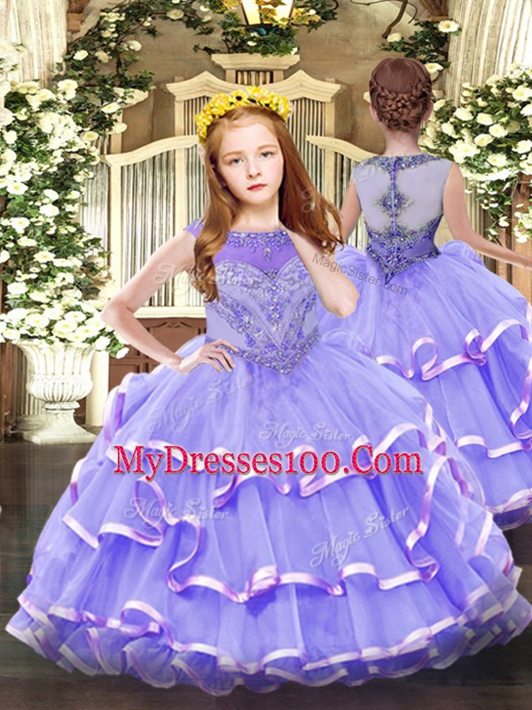 Lavender Zipper Scoop Beading and Ruffled Layers Child Pageant Dress Organza Sleeveless