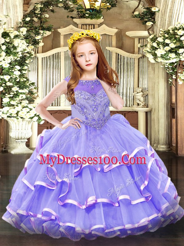 Lavender Zipper Scoop Beading and Ruffled Layers Child Pageant Dress Organza Sleeveless