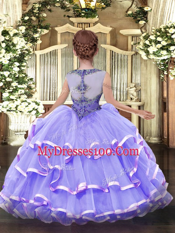 Lavender Zipper Scoop Beading and Ruffled Layers Child Pageant Dress Organza Sleeveless