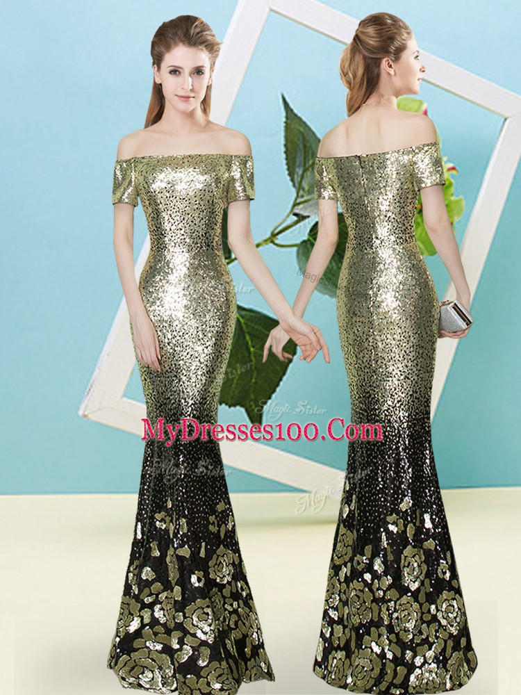 Colorful V-neck Short Sleeves Zipper Womens Evening Dresses Gold Sequined