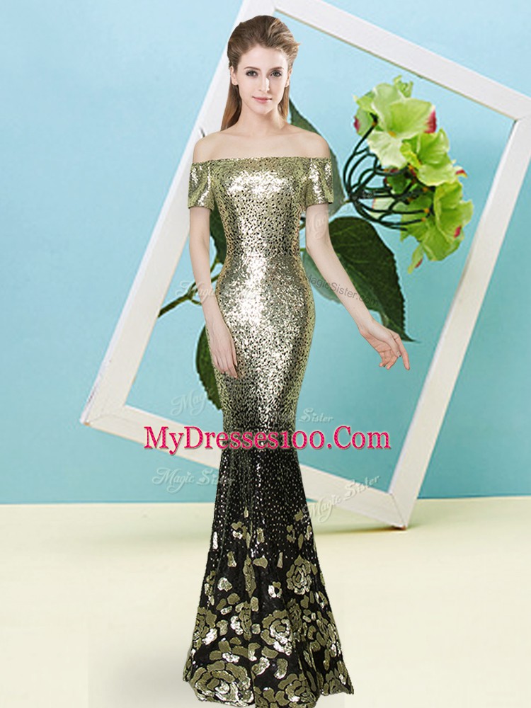 Colorful V-neck Short Sleeves Zipper Womens Evening Dresses Gold Sequined